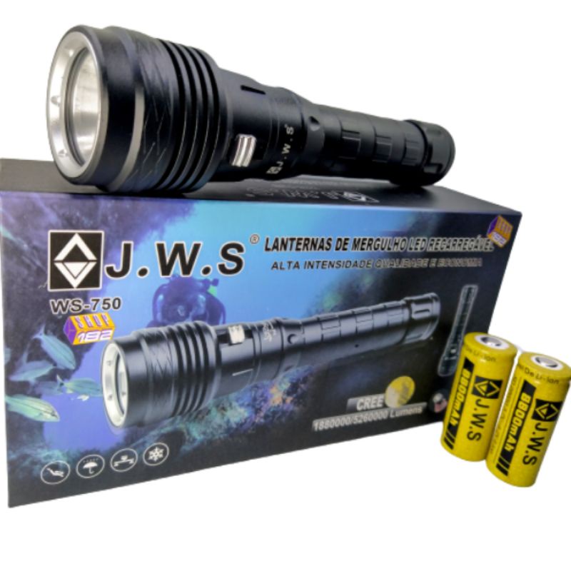 Lanterna T9 Mergulho Recarregável Profissional Profundidade 60 Metros JWS WS-750 2 Baterias 26650