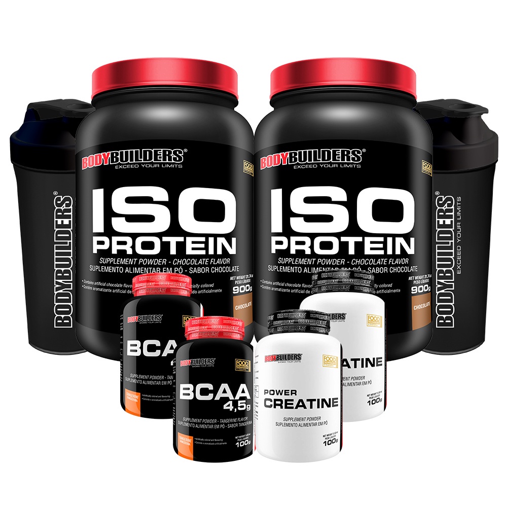 Kit 2x Whey Protein Iso Protein 900g, 2x BCAA 4.5 100g, 2x Power Creatina 100g, 2x Coqueteleira - Bodybuilders Kit de suplementos em pó para melhora de perfomance