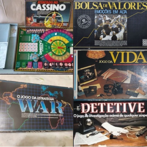 Jogos de tabuleiro: Atentado no Cassino WAR - Grow Bolsa de Valores - Grow Jogo da Vida - Estrela Detetive - Estrela Todos são de 1980/90