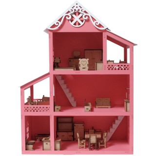 Casa Casinha Polly MDF Pintada + Kit 32 Mini Móveis MONTADA em Oferta na Shopee