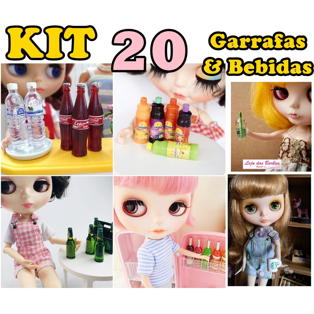 Kit 20 Garrafinhas e Bebidas Diferentes Copos Miniatura P/ Casa De Bonecas Garrafa BLYTHE MOMOKO LICCA PULLIP Refrigerante Suco Café Garrafas