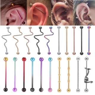 1 PC Anel Longo Industrial De Aço Inoxidável Colorido 14g Orelha De Cobra Tragus Helix Jóias De Corpo Perfurado