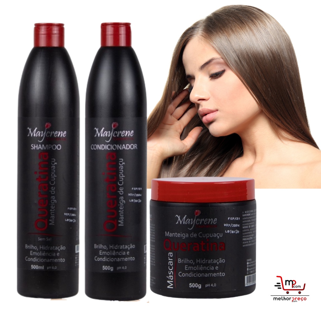 Kit Cauterização Queratina Shampoo Condicionador e Máscara de Tratamento 500g Maycrene