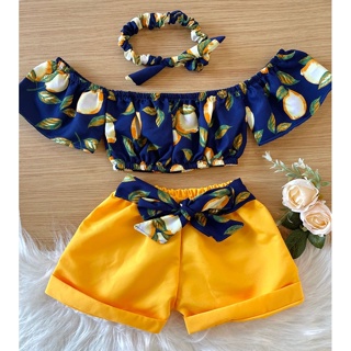 Short Dobrado com Blusa e Tiara (0 a 6 anos) Sucesso de vendas! Conjunto infantil menina em Oferta na Shopee