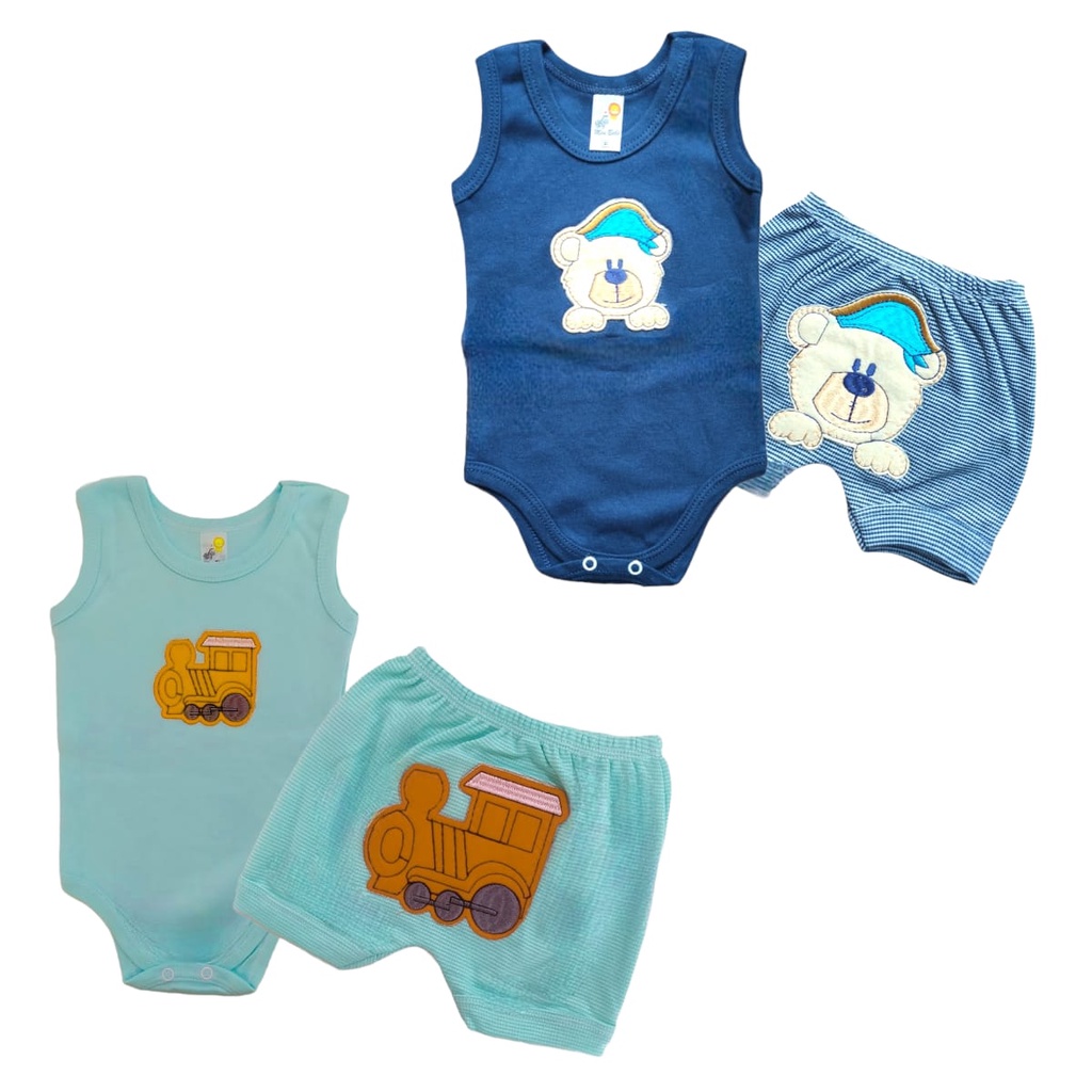 Kit 4 Peças - 2 Body Regata + 2 Short Safari Bichos Algodão Roupa De Nebê Cerão Safari