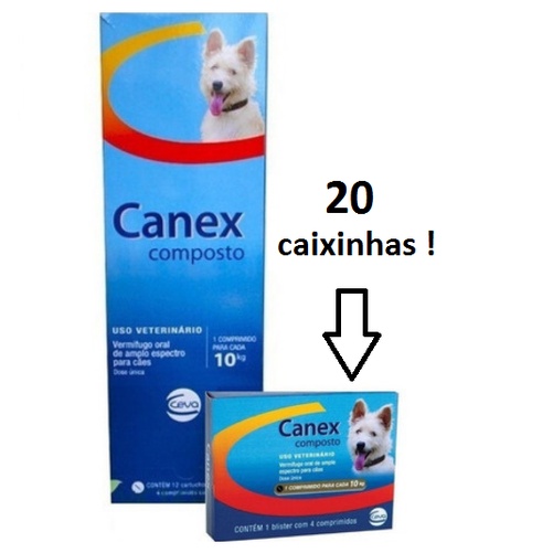 Canex Composto (10Kg) 20 Blísteres C/ 4 Comprimidos (Caixa Fechada) - Vermífugo P/ Cães