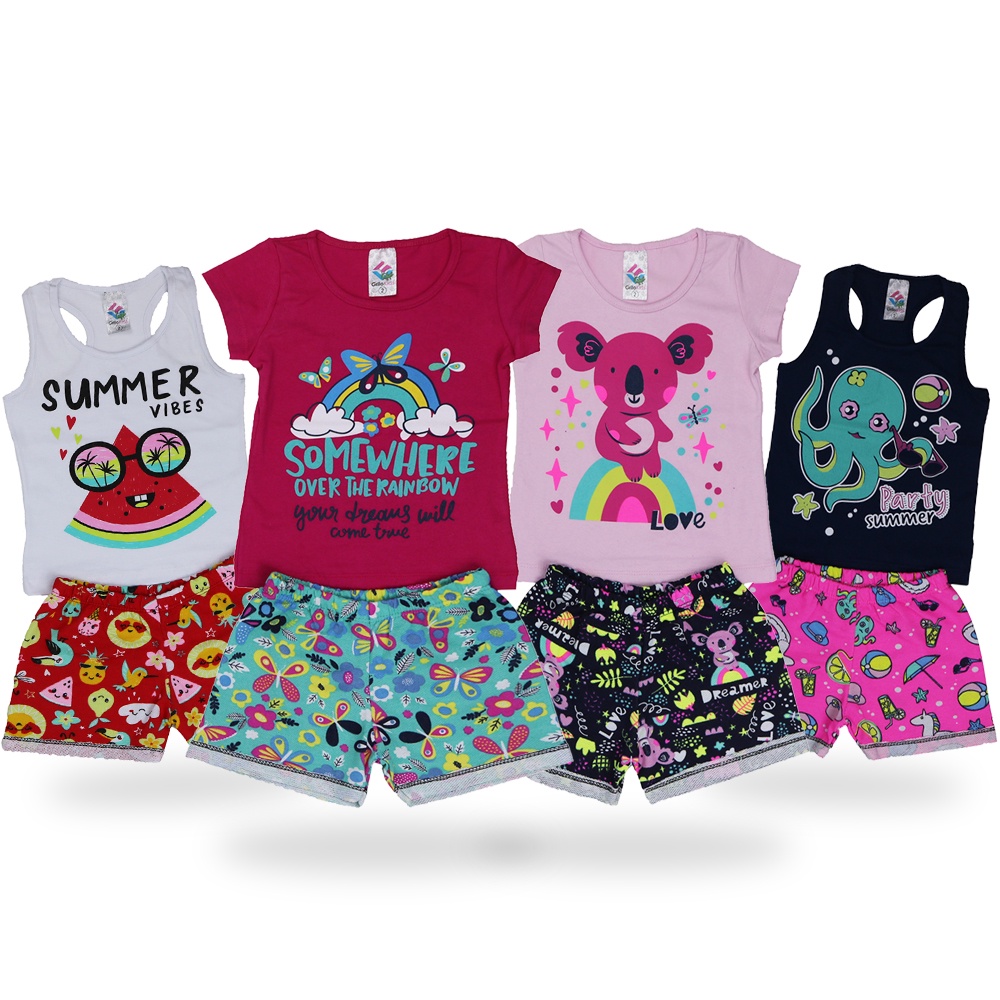 Kit 8 Peças Roupa Infantil Feminino 4 Blusas + 4 Shorts Conjuntos 1/2/3 ...