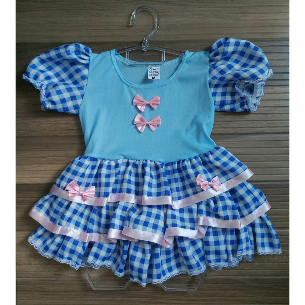 Vestido Infantil de Festa Junina Julino com Busto de Elástano Estampa Xadrez Vermelho Azul e Rosa