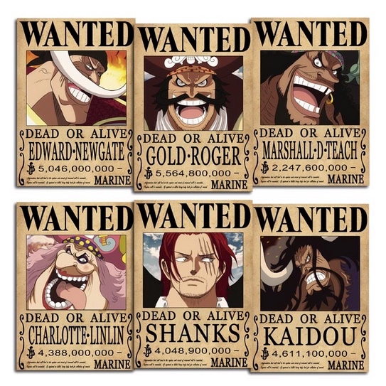 Kit De 6 Placas Cartaz De Procurados Gol D. Roger, Shanks, Barba Branca, Kaido, Big Mom e Barba Negra One Piece