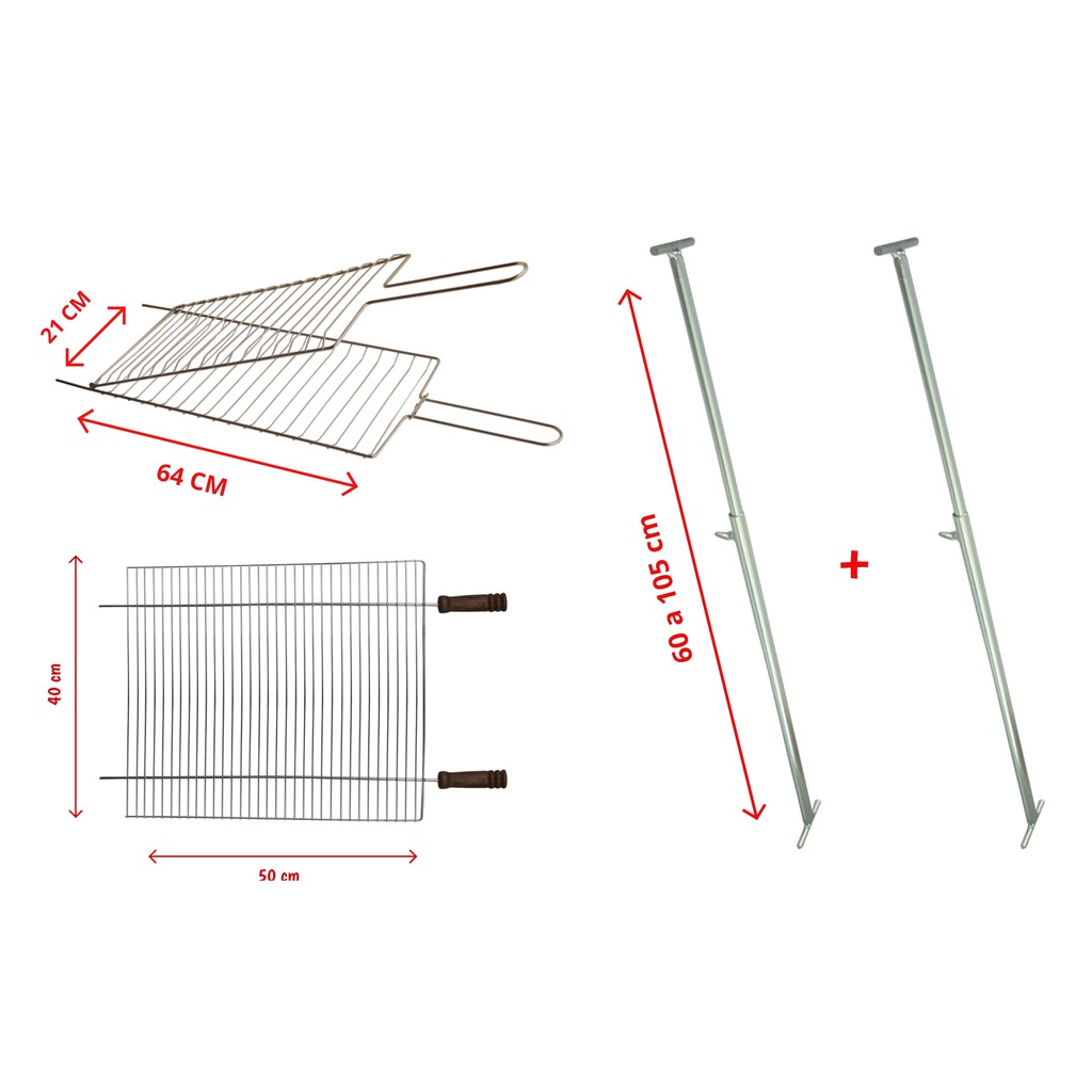 Kit Churrasqueira Grelha Pequena + Grelha Abaulada Média + Suporte Extensor Ajustável 5001/5102A/5501