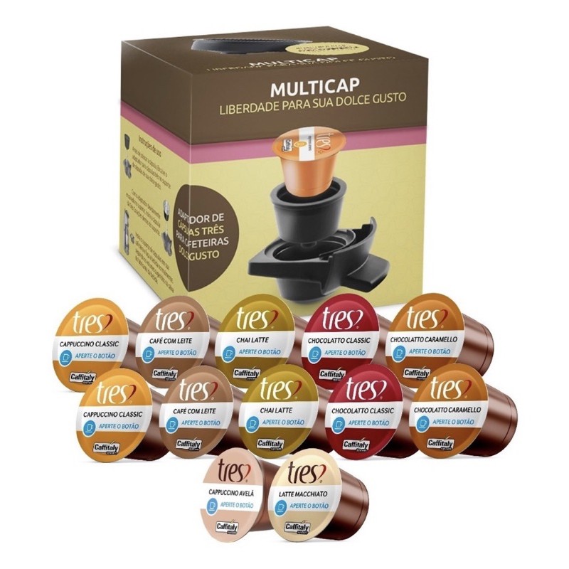 MULTICAP Adaptador p/ cafeteiras DOLCE GUSTO usar cápsulas Três Corações + 12 Cápsulas