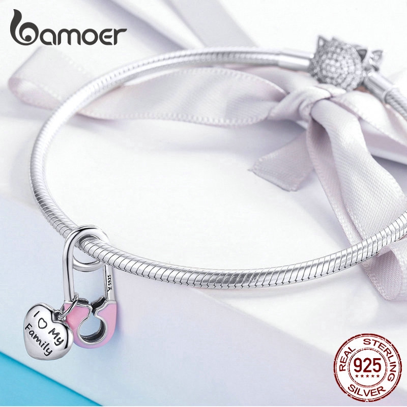 Detalhes do Bamoer Real S925 Esmalte Cor-De-Rosa Família Coração Encanta Contas Para Pulseira Diy Jewelry