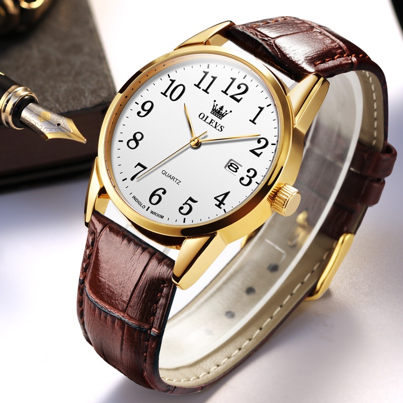 Detalhes do OLEVS Relógio Masculino Moda Casual Quartz Impermeável Couro Preto 5566