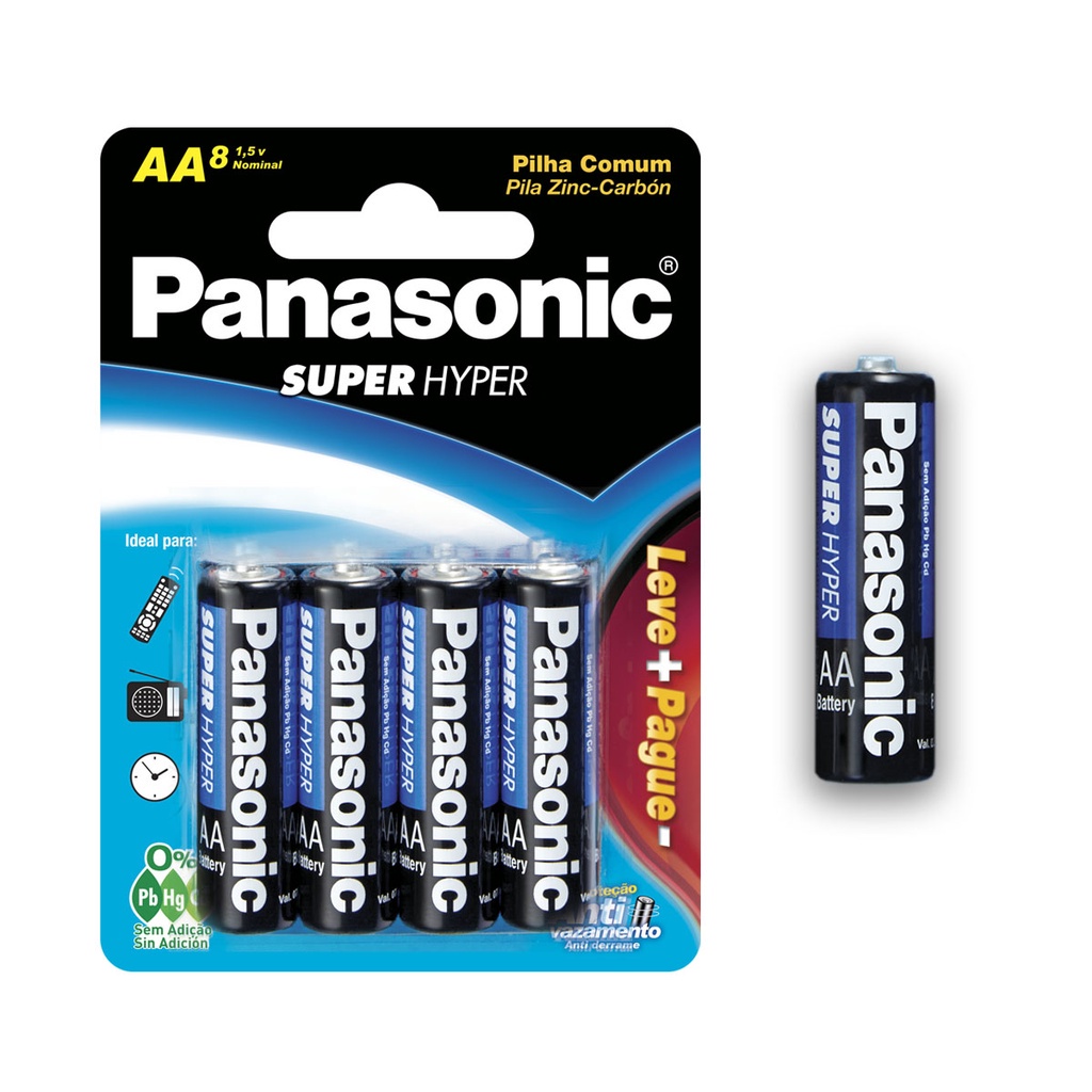 Pilha Zinco AA Panasonic Bateria Carvão 2A Pequena 8 unidades