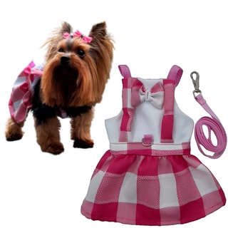 Roupa para Cachorro e Gato Coleira Vestido com Guia Colegial Rosa