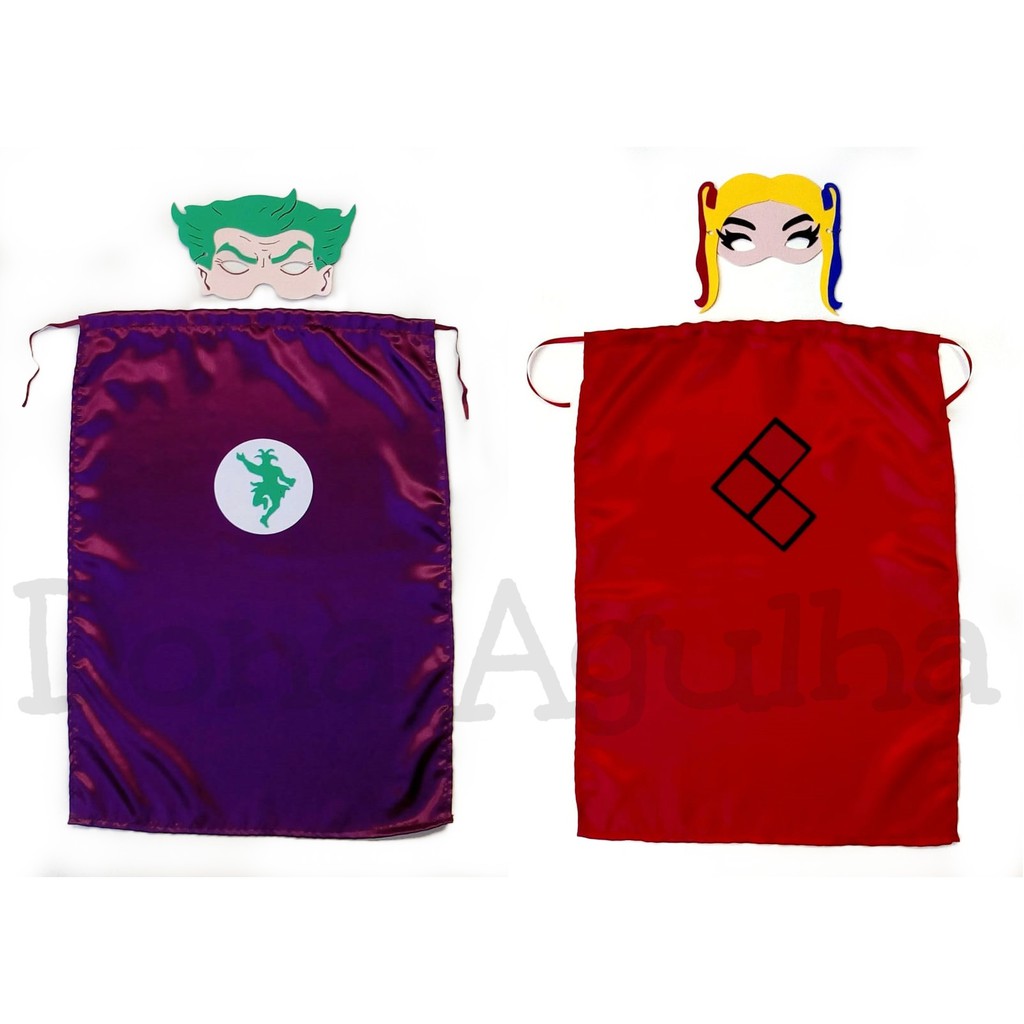 01 Fantasia Coringa/Arlequina/Super Heróis/Vilões/Lembrancinha capa e máscara