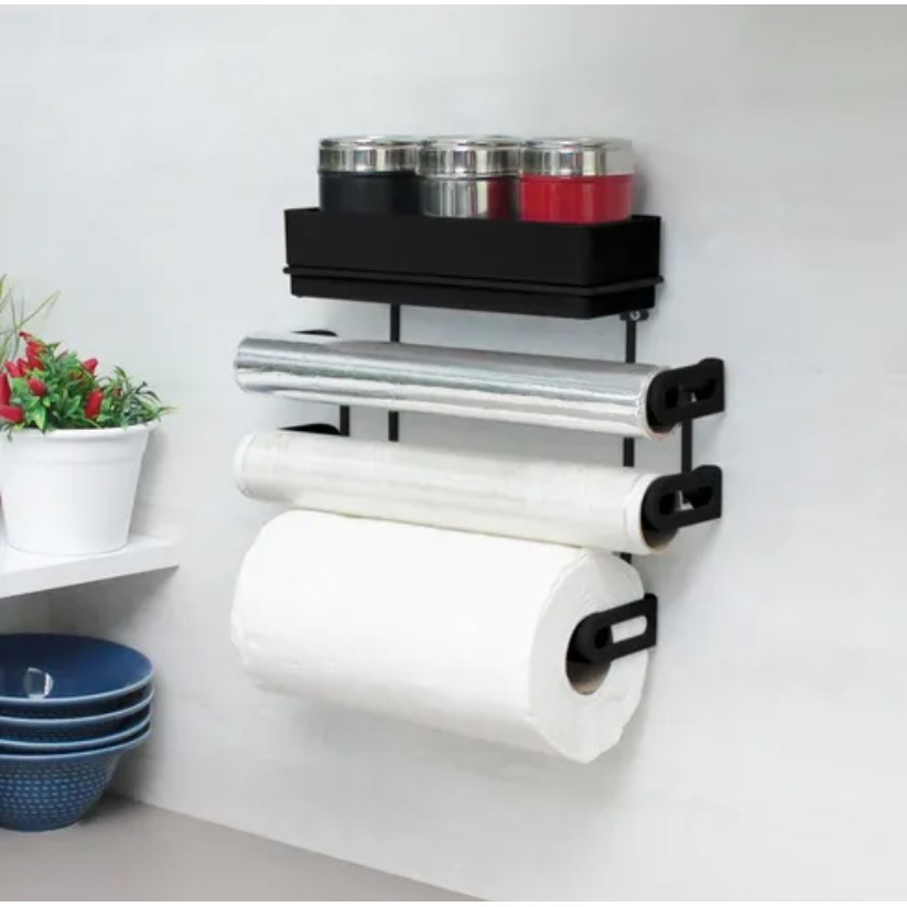 Suporte Papel Toalha C/ Suporte Potes Laminado Filme Tempero Parede Preto em Oferta na Shopee