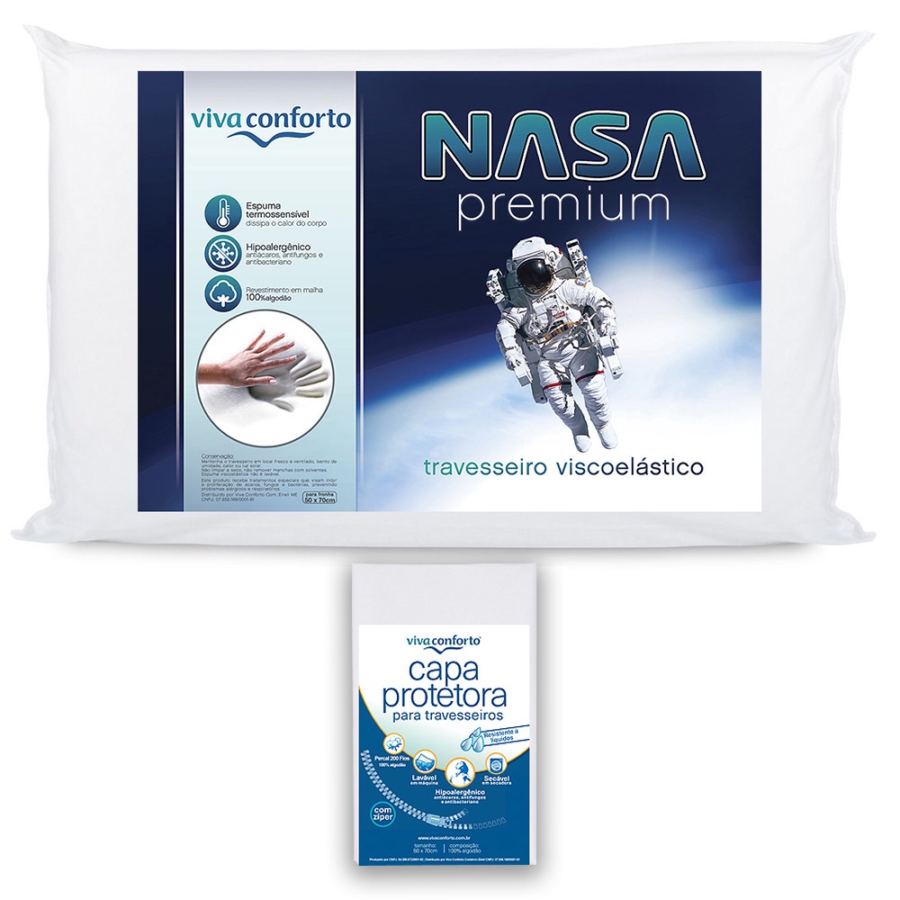 Kit Travesseiro Nasa Original c/ Capa em Algodão Altura 10 cm + Capa protetora Resistente à líquidos