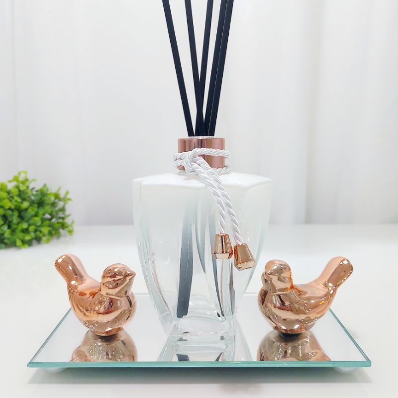 Kit Lavabo Sala Branco Degrade Elegance Aromatizador De Ambiente Difusor com Bandeja e Passarinho