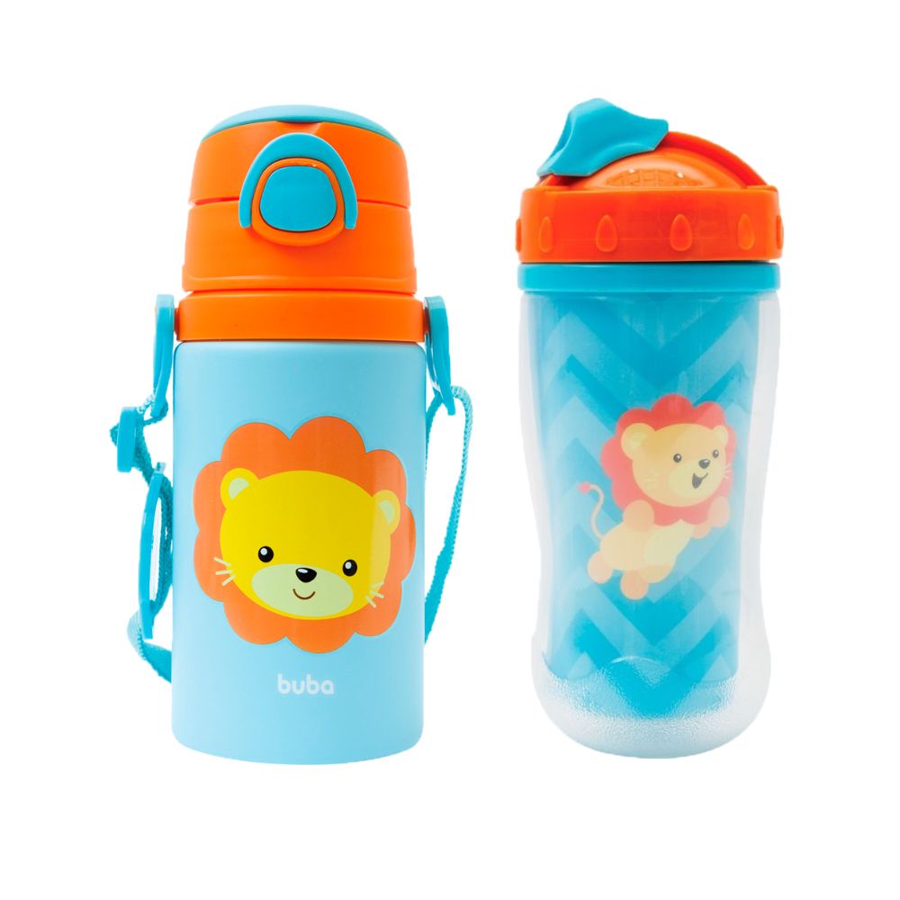 Kit Copo e Garrafa De Transição Bebe Infantil Buba Parede Dupla Animal Fun Com Canudo Retrátil Silicone
