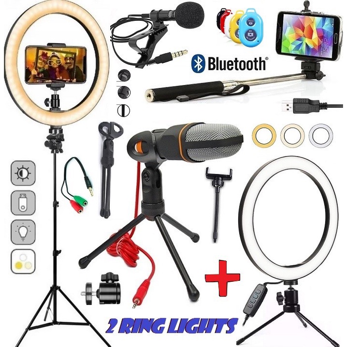 Kit Gravação De Vídeo Tripé 2m Profissional Luz Led Ring Light Suporte Celular + Microfone Condensador de Mesa Aula Live