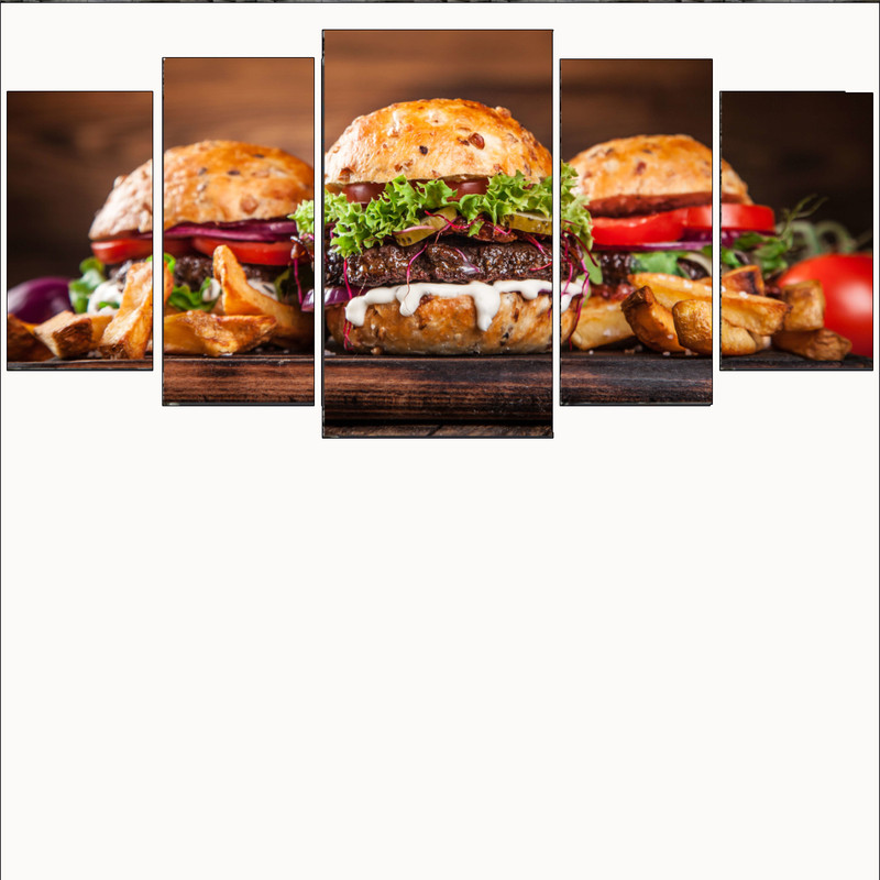 kit Quadro Decorativo Moderno 5 Peças 128x60 Para Hamburgueria Lanchonete Hamburguer Gourmet 4k Promoçãopn021