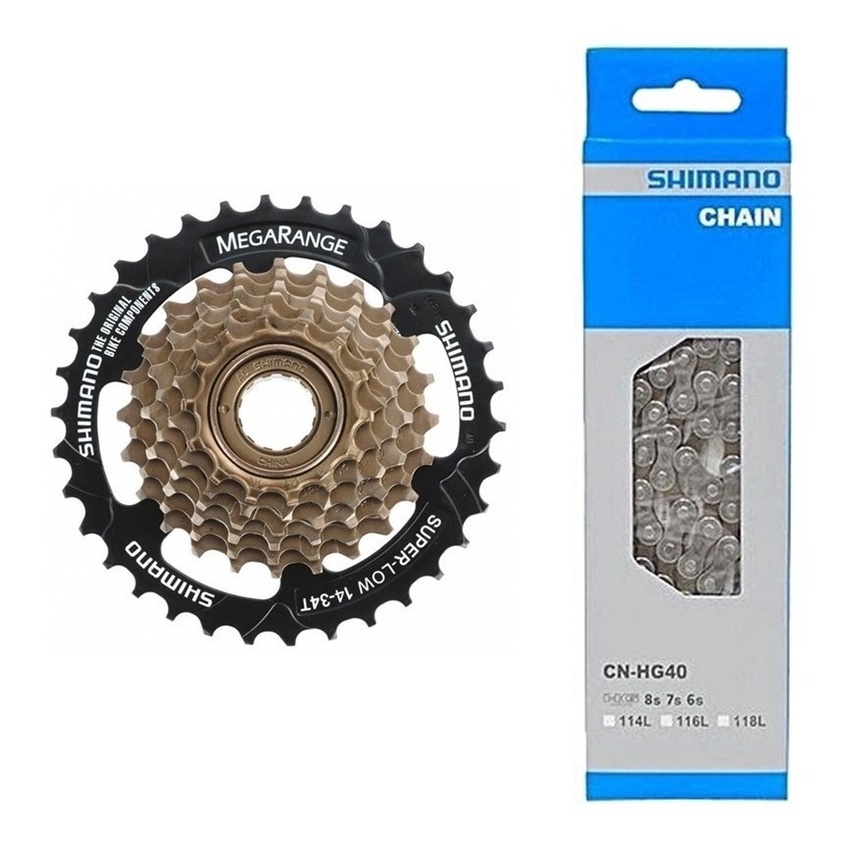 Kit Catraca Roda Livre Shimano 7v Tz500 Mega Over 14/34D  + Corrente Shimano Hg40 Com 116 Elos