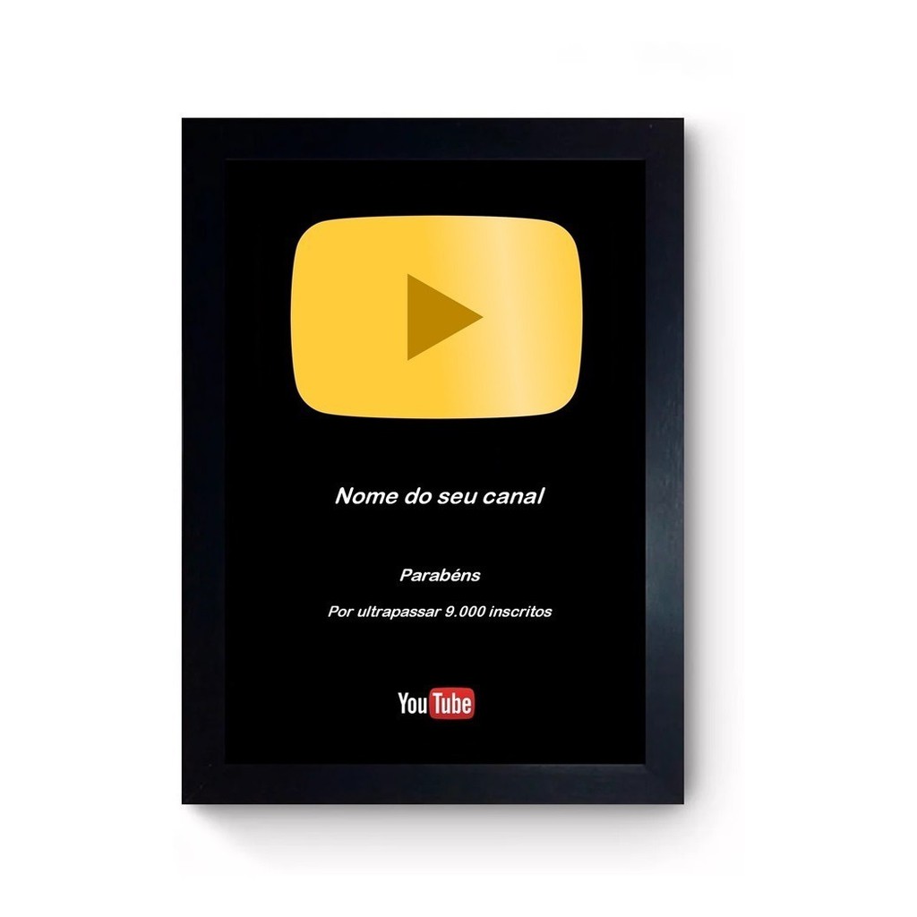 Quadro Placa 9.000 Inscritos Youtube Personalizado Dourado A4