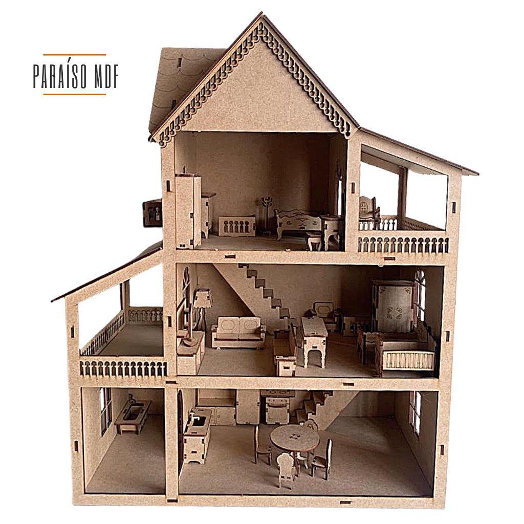 Casinha de Boneca em Mdf Cru Kit Casa para Bonecas 3 Andares co 30 Mini ...