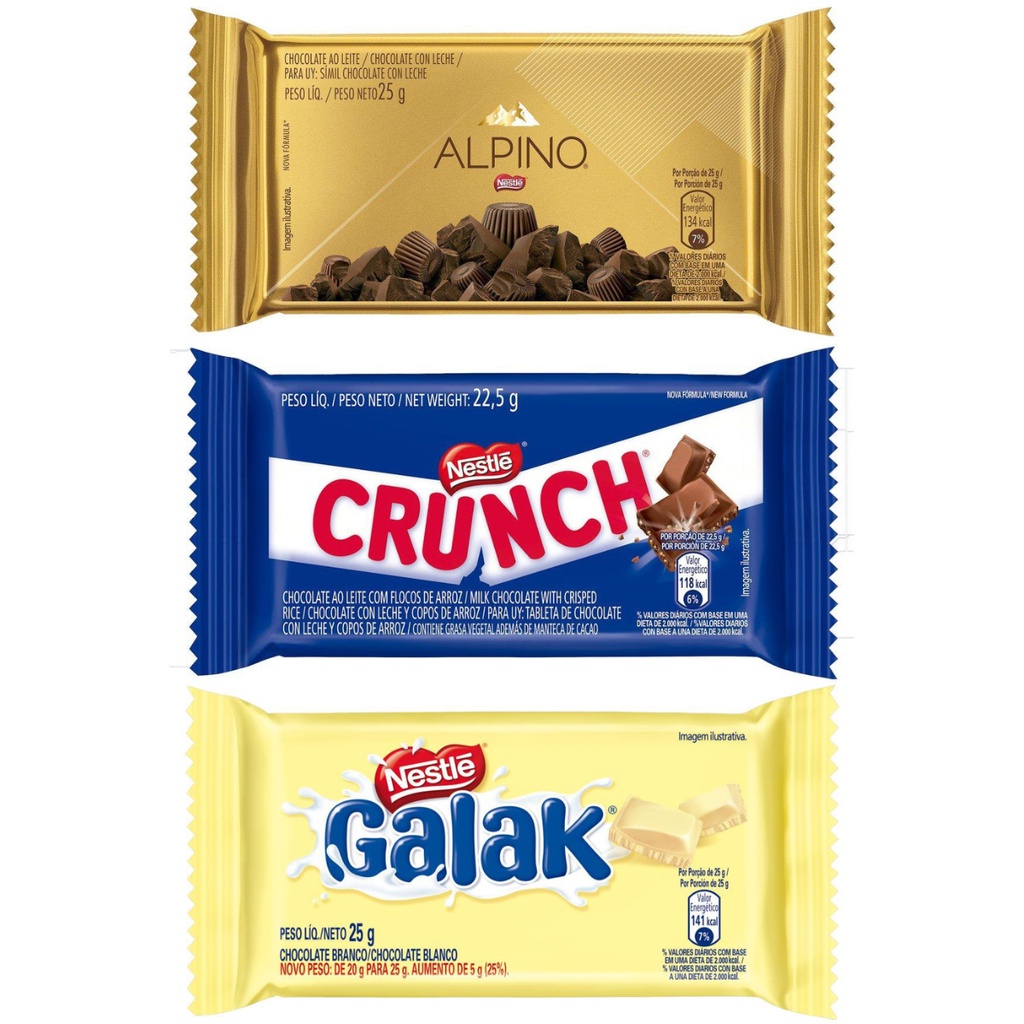 Kit Chocolate Nestle - 5x Chocolate Alpino ao Leite 25g + 5x Chocolate Crunch 22,5g + 5x Chocolate Galak 25g - 15 Unidades - Nestlé