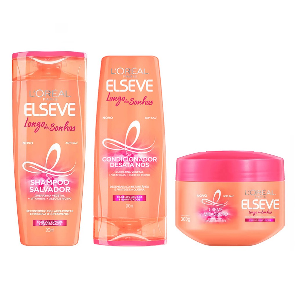 Kit Shampoo + Condicionador 200ml + Creme Milagroso 300g - Elseve Longo dos Sonhos - 3 Itens - Beauty