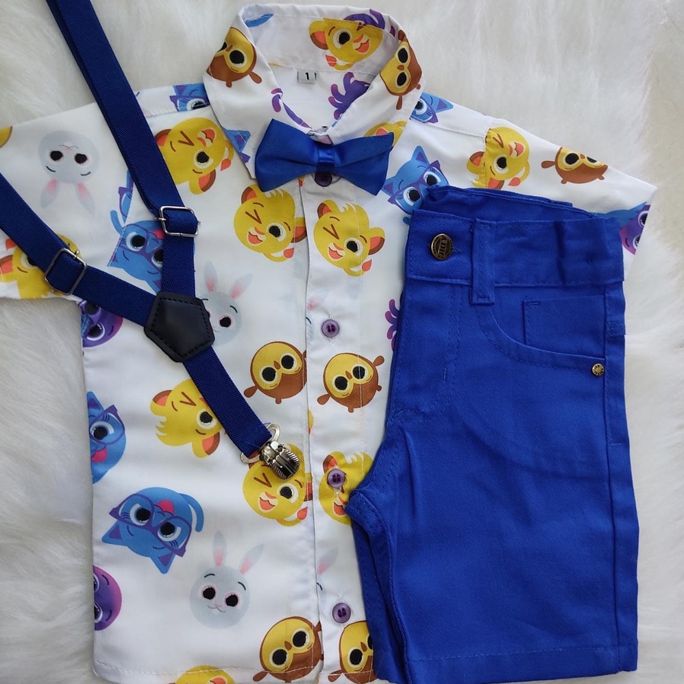 Conjunto Temático Bolo Fofo Nova Estampa - Com Camisa, Short, Suspensório + Gravata Aniversário Festa