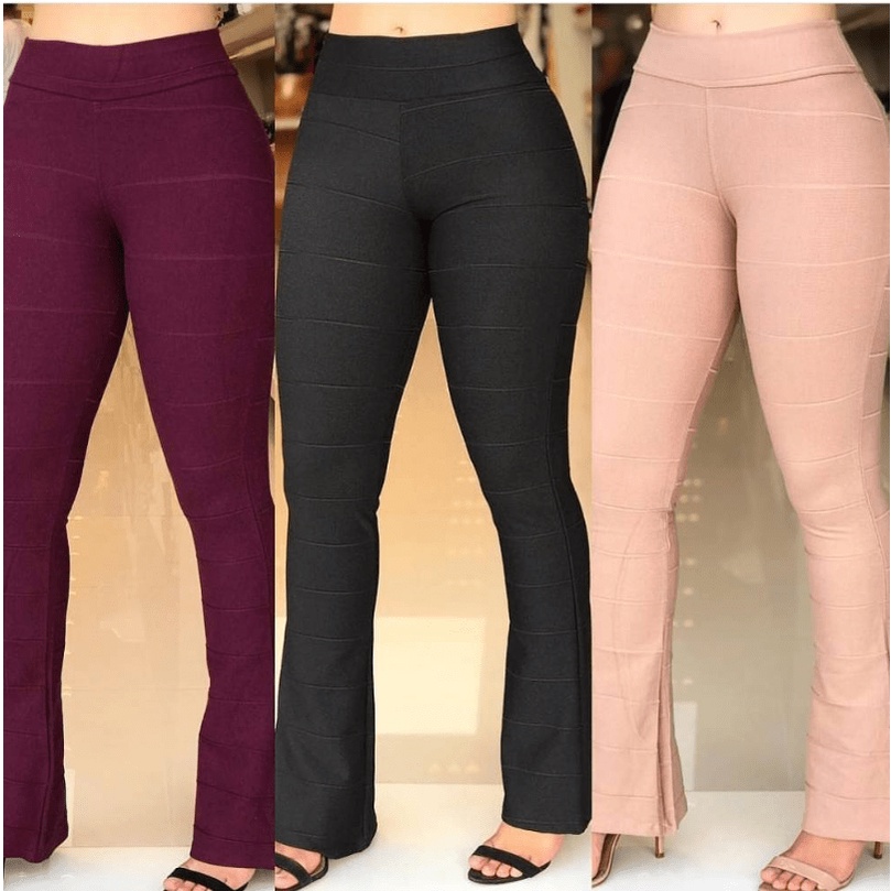 Calça boca de sino flare montaria grossa bandagem