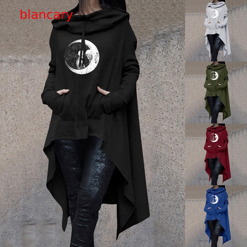 【 Blancary 】 Carta De Manga Comprida Casual Feminina Com Capuz Estampado Pullover Drawstring Blusa De Moletom Longo Bolso