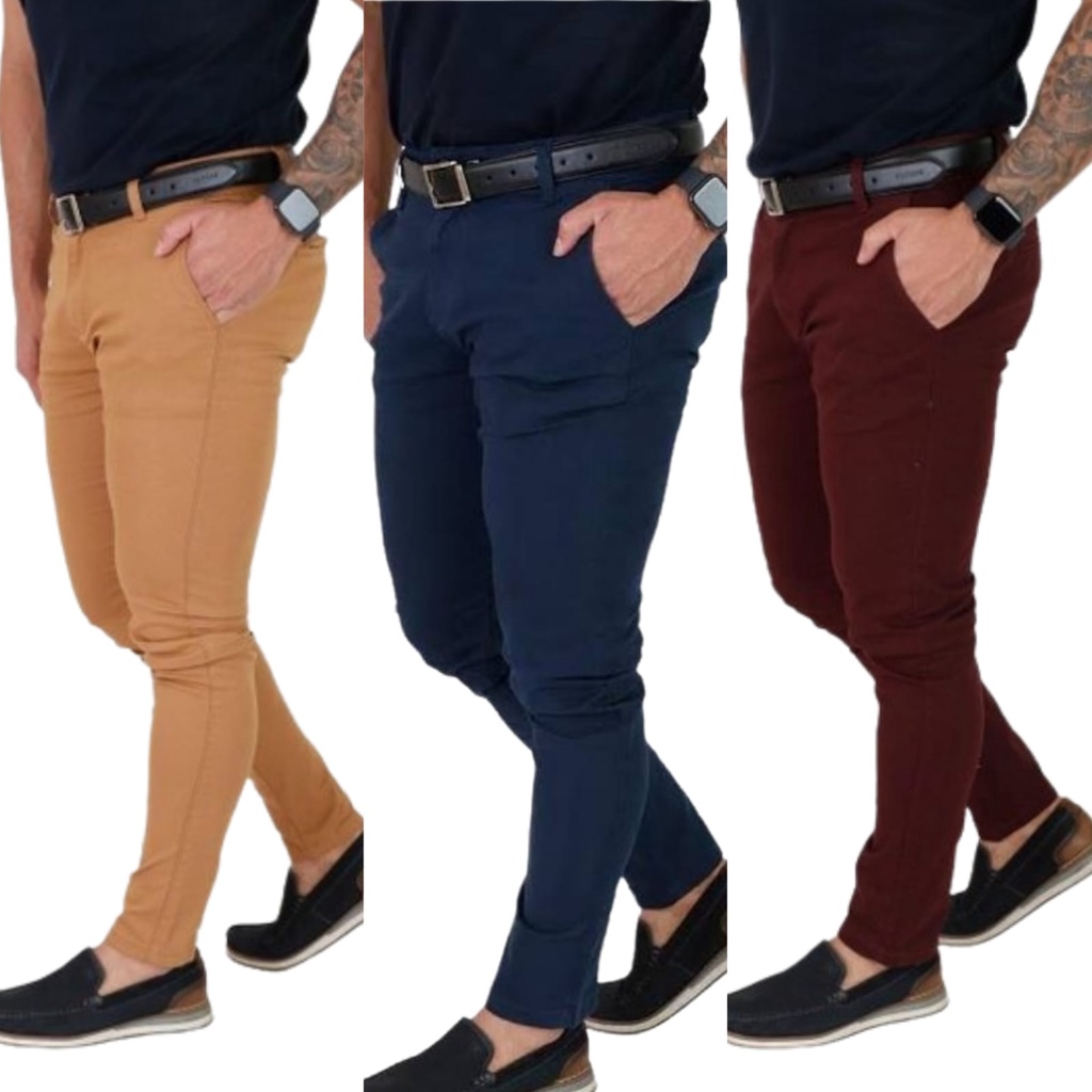 Calça De Sarja Masculina Com Lycra Bolso Faca E Bolso Embutido Reta