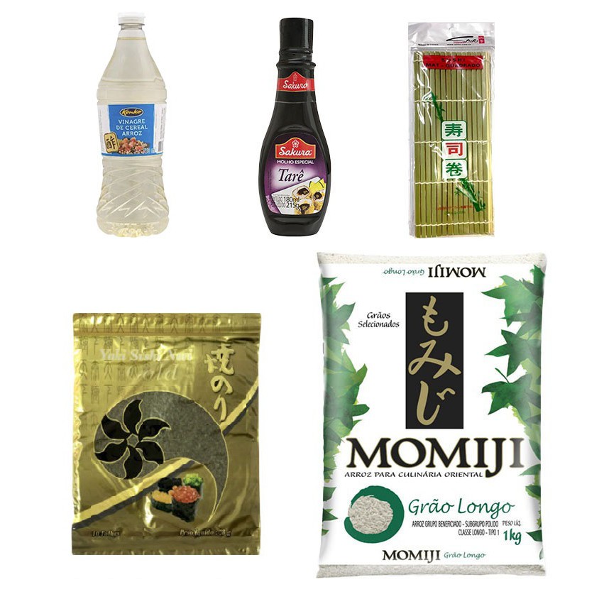 Kit Sushi 5 Itens Arroz Momiji 1kg + Nori Gold 10 Folhas + Tempero Kenko Tradicional + Molho Tarê Sakura + Esteira 24x24 Japonês - Three Foods Distribuidora