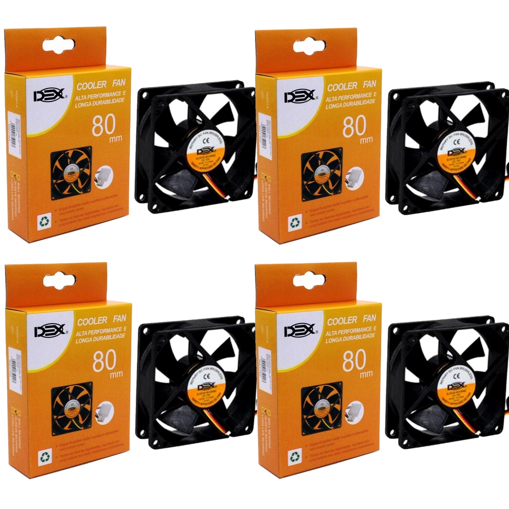 Kit 4 Cooler Fan Preto 8cm 12v Gabinete Ventoinha PC Desktop
