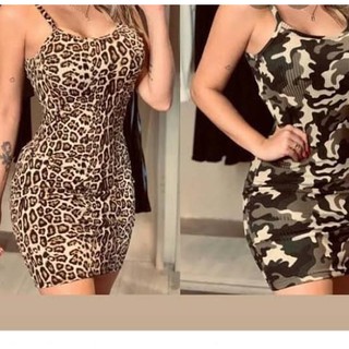 Kit 2 Vestidos Onça e Camuflado Alcinha Canelado Super na Moda