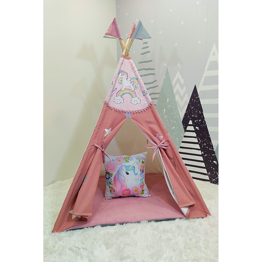 Cabana Infantil Barraca Tenda Com Colchonete e Bandeirinhas