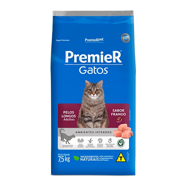 Ração Premier Ambientes Internos para Gatos Adultos com Pelos Longos Sabor Frang