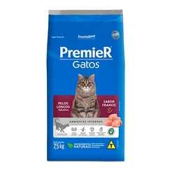 Ração Premier Ambientes Internos para Gatos Adultos com Pelos Longos Sabor Frango - 7,5Kg