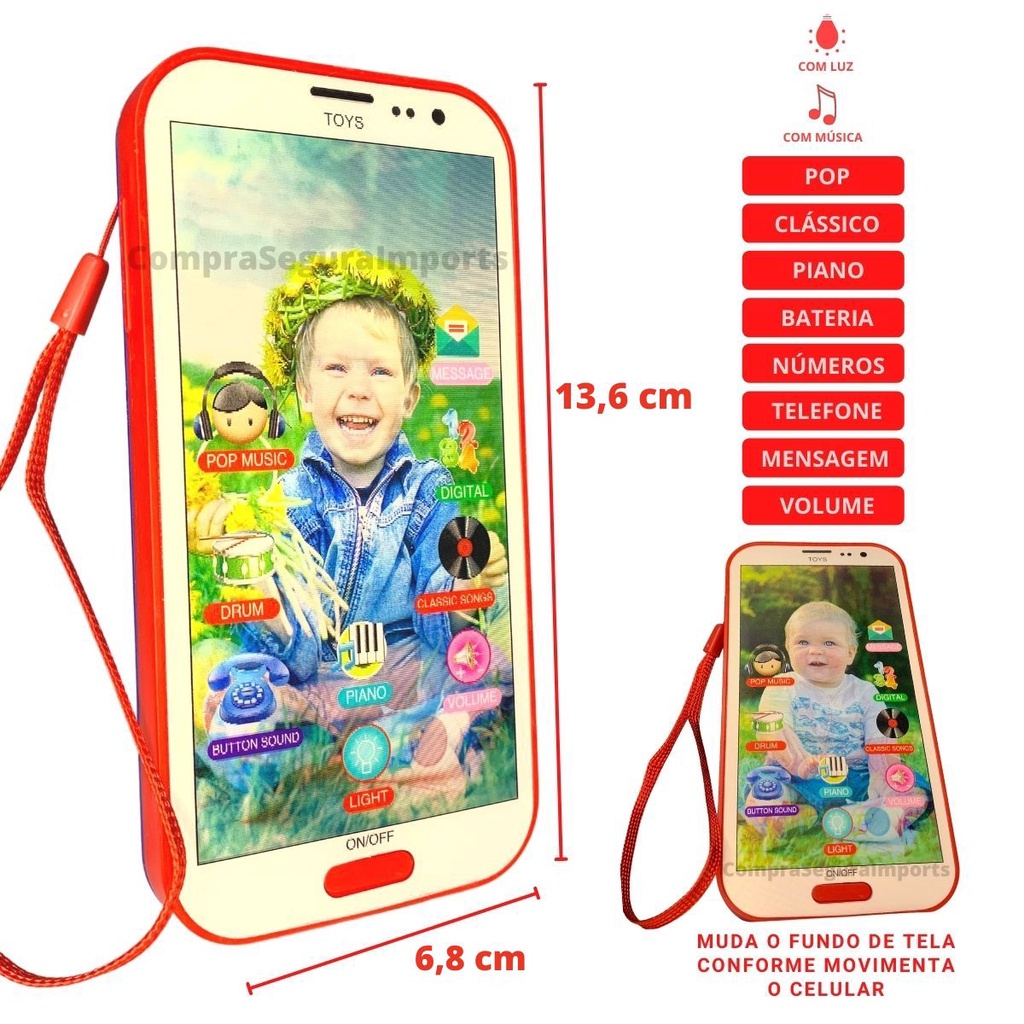 Brinquedo celular musical infantil com imagem 3D Smartphone para crianças com luz e som
