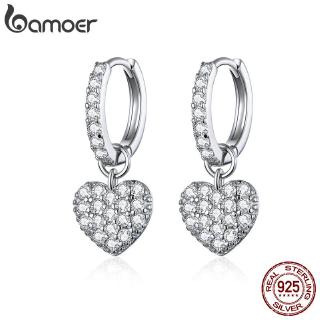 BAMOER Heart Design Clip Earring For Female Authentic 925 Silver Shiny Stone