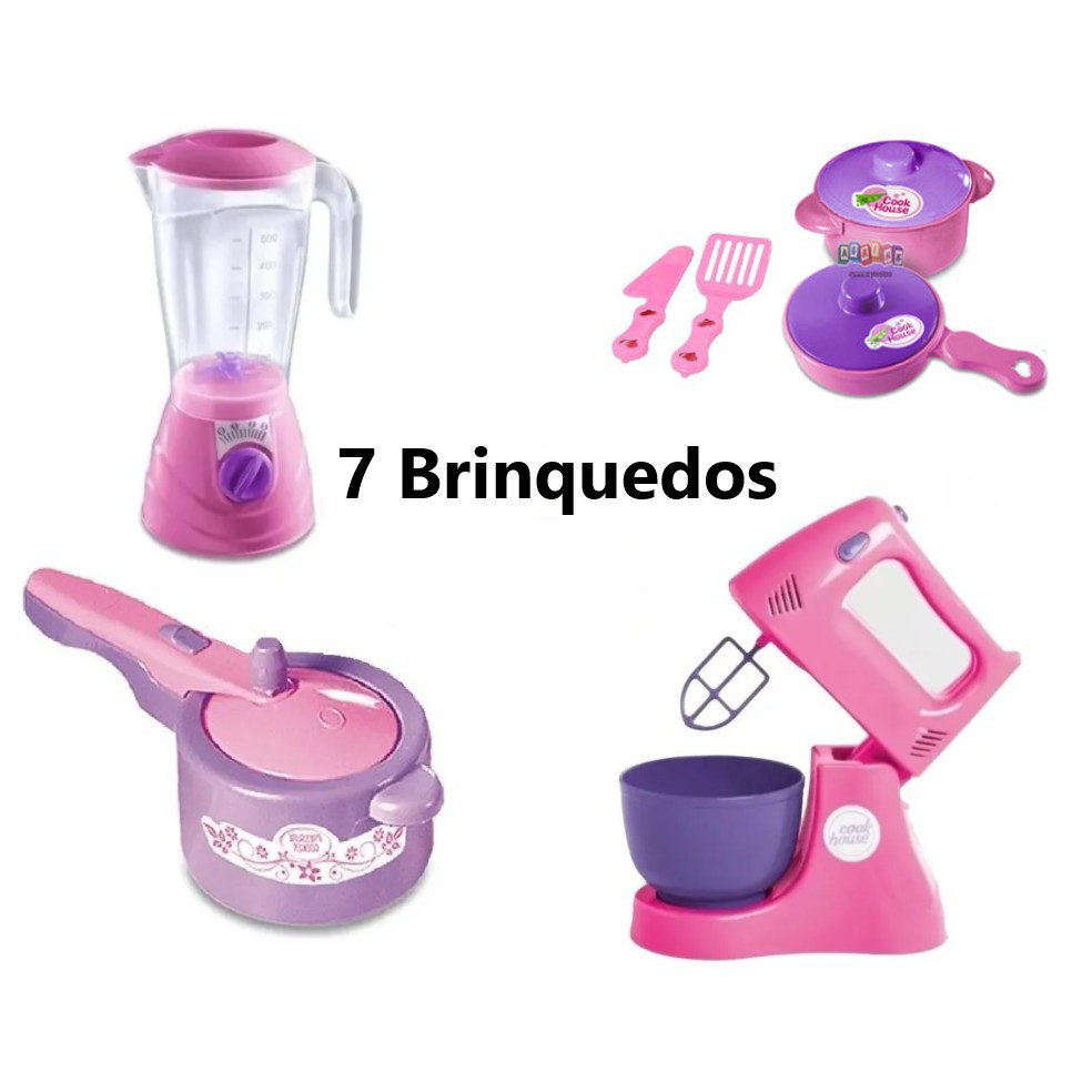 Kit Cozinha Infantil com 7 Brinquedos Liquidificador, Batedeira, 2 Panelinhas com tampa e acessórios sortido e Panela de