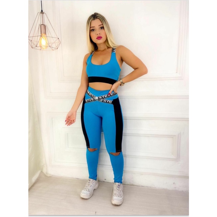 Conjunto Leg legging Top  suplex Aplicação elástico Academia Treino Fitness Corrida Funcional Musculação Ciclista Dia-a-dia Caminhada