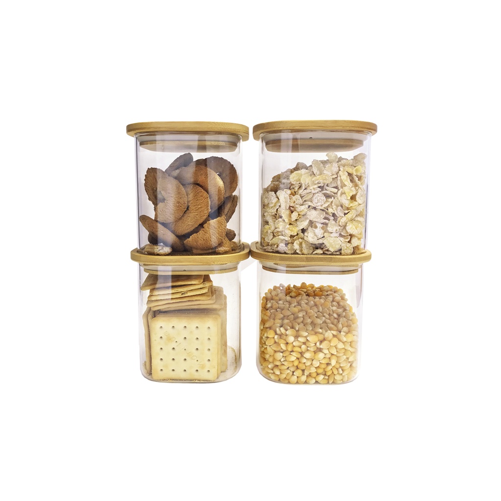 Kit 4 Potes De Vidro P/ Mantimentos 800ml C/ Tampa Bambu - Home & Living
