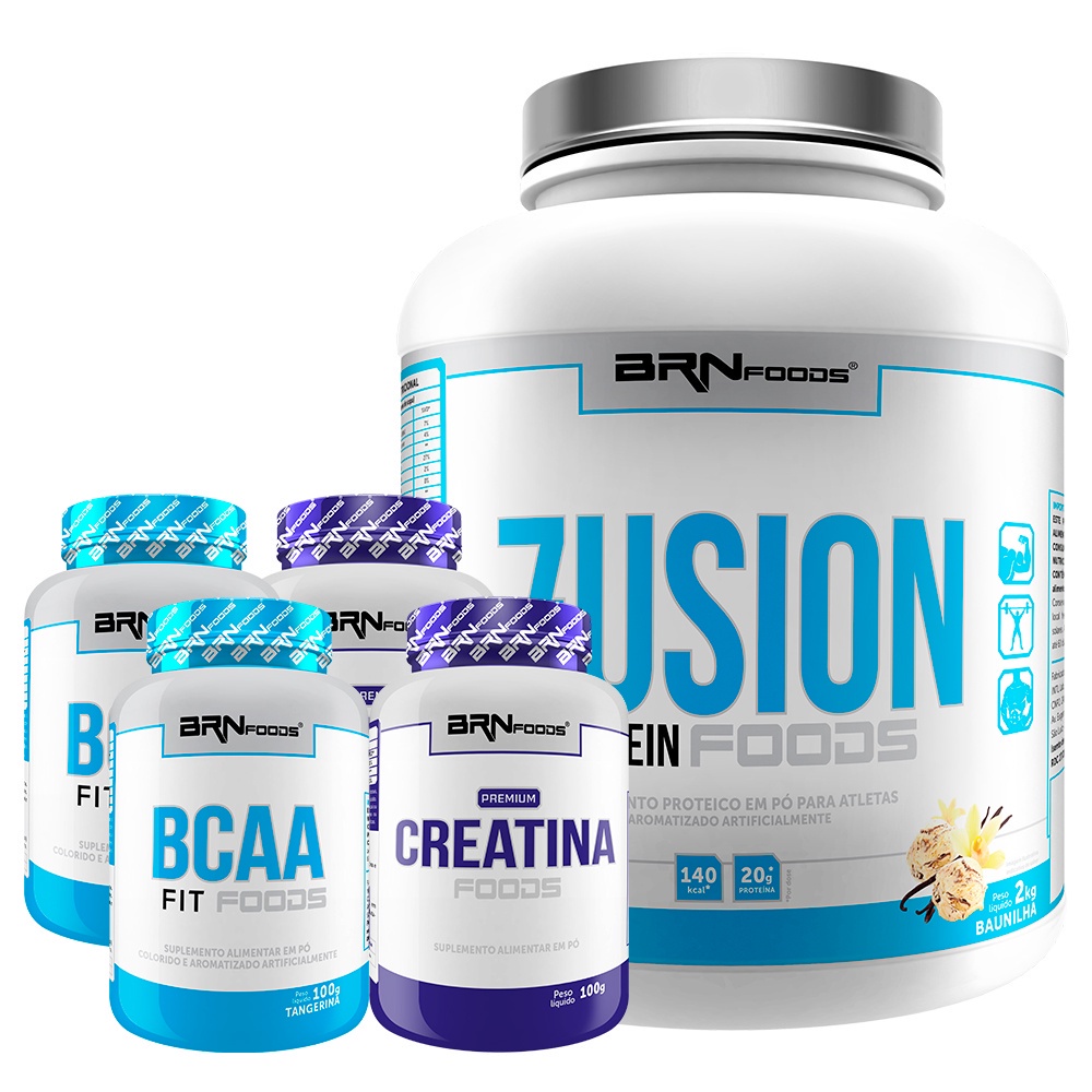 Kit Whey Protein Fusion Protein 2kg + 2x BCAA 100g + 2x Premium Creatina 100g - BRNFOODS