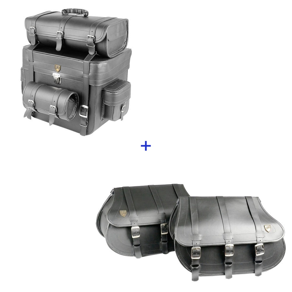 Kit Viagem Alforge Traseiro 62 Litros C/ Chave Tranca Couro Sintético Liso + Alforge Lateral 3F 40 Litros Couro Sintético Liso