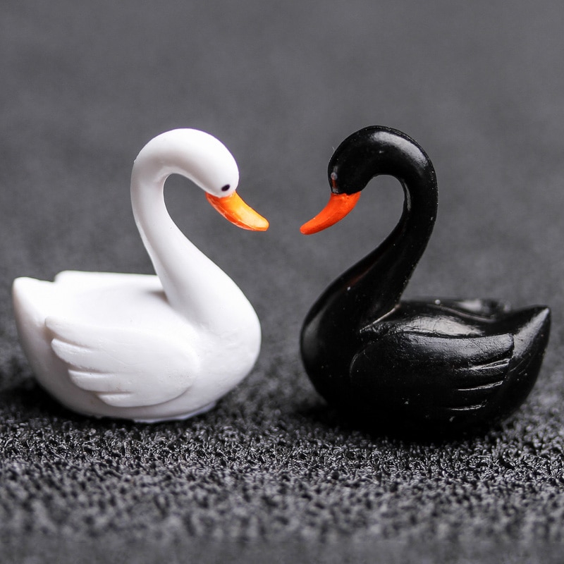 4 Peças mini Cisne Preto Branco Decoração De Casa Jardim De Fadas Em Miniatura