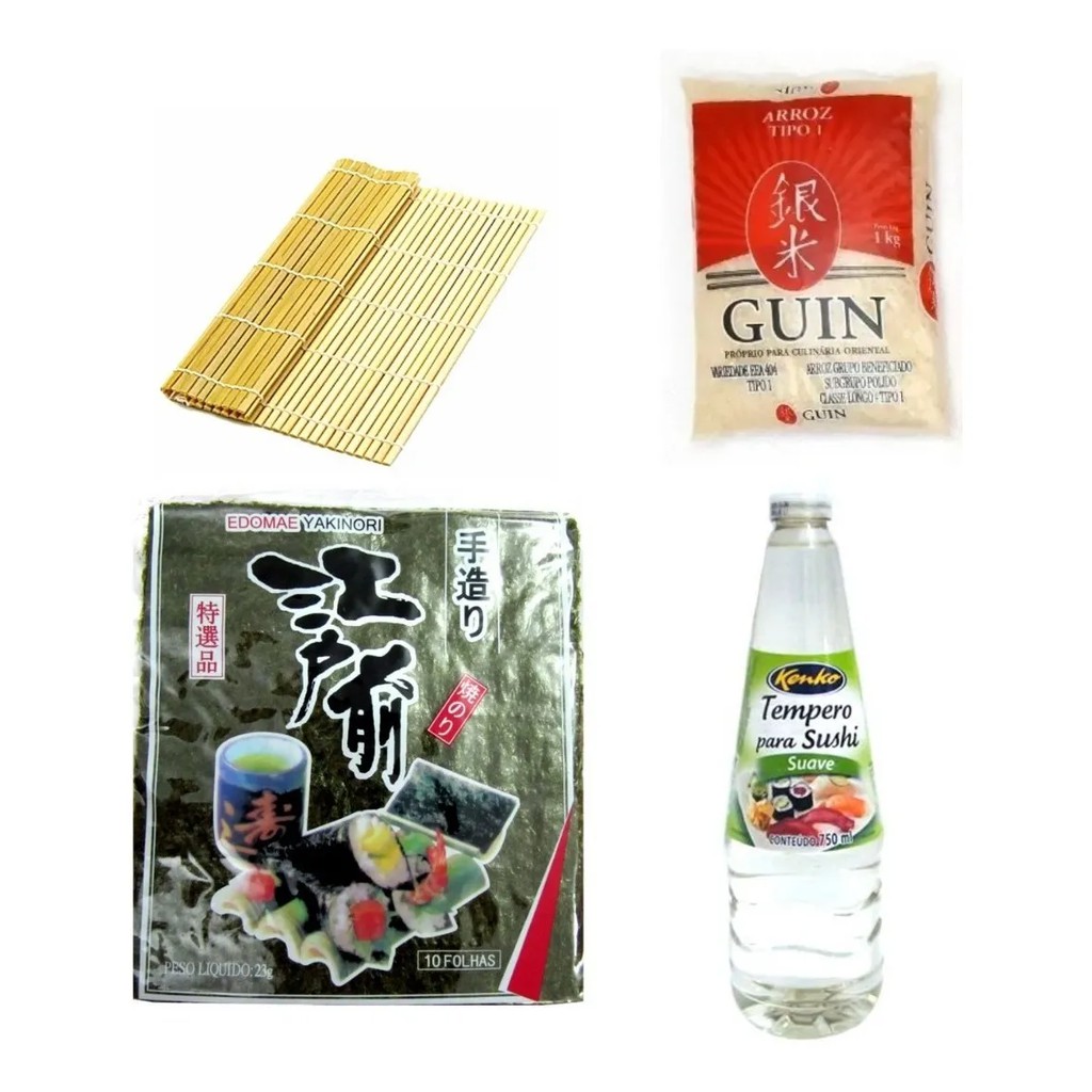 Kit Sushi Básico Alga Nori Arroz Esteira Vinagre Tempero